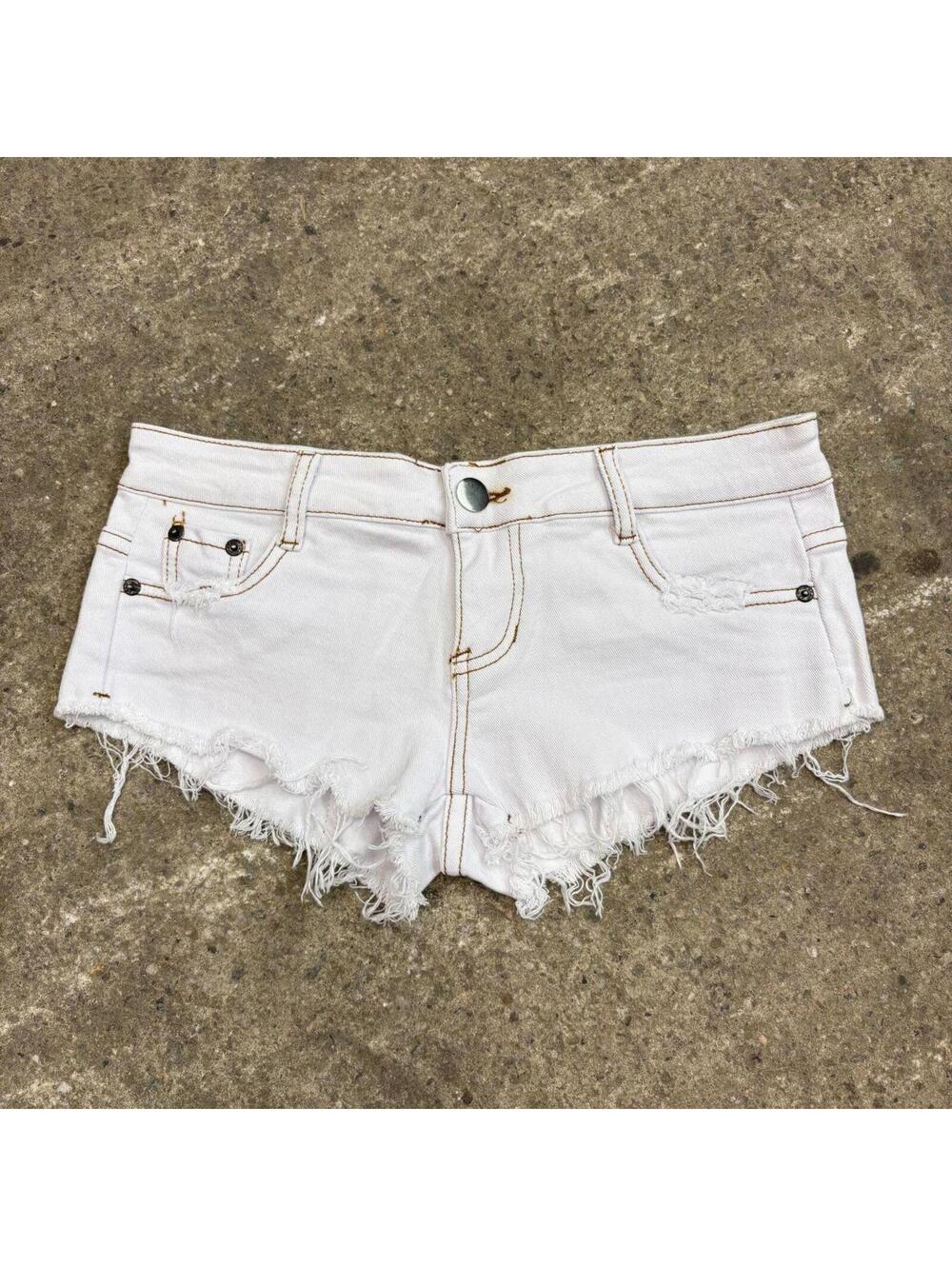 Vintage Y2K Low Rise Denim Micro Shorts White Raw Hem